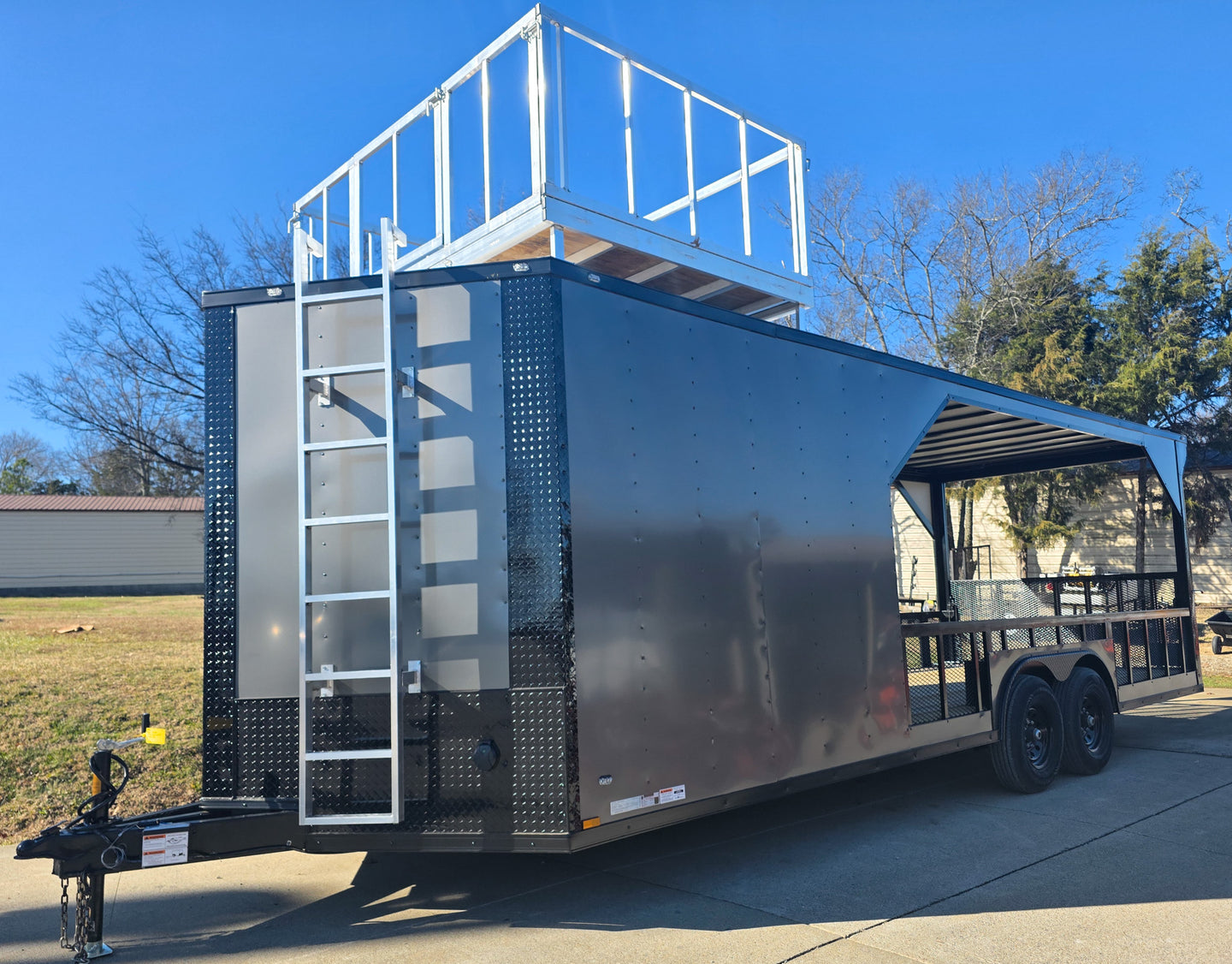 8.5' X 24' Charcoal Enclosed Trailer Hybrid Drone and Equipment Hauler Front Left 