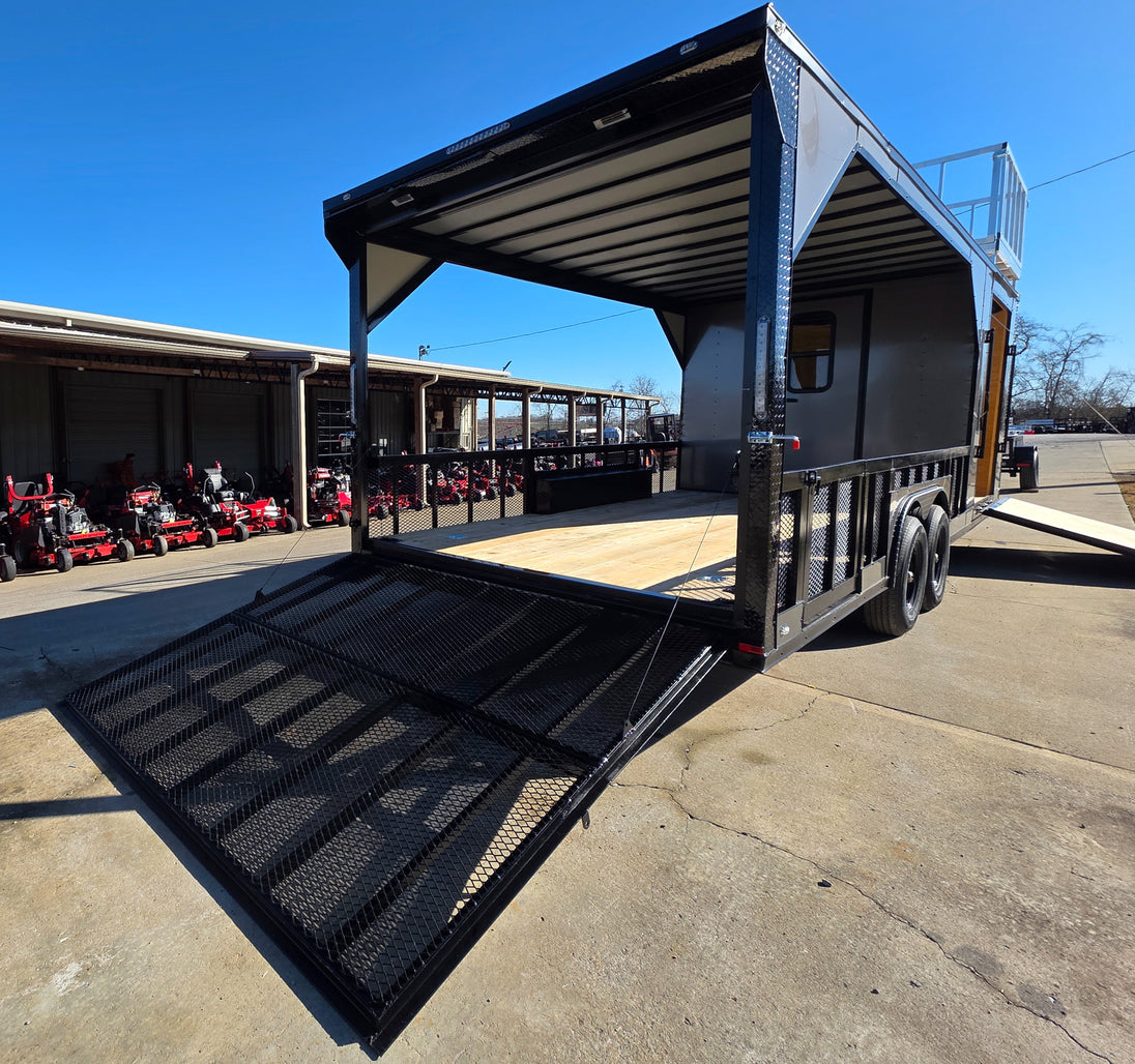 8.5' X 24' Charcoal Enclosed Trailer Hybrid Drone and Equipment Hauler Right Rear Gate Down