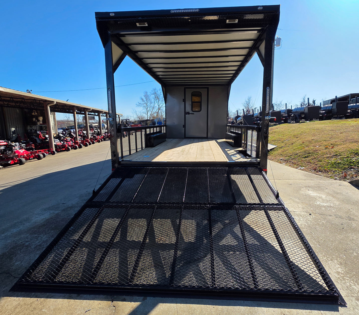 8.5' X 24' Charcoal Enclosed Trailer Hybrid Drone and Equipment Hauler Rear Gate Down