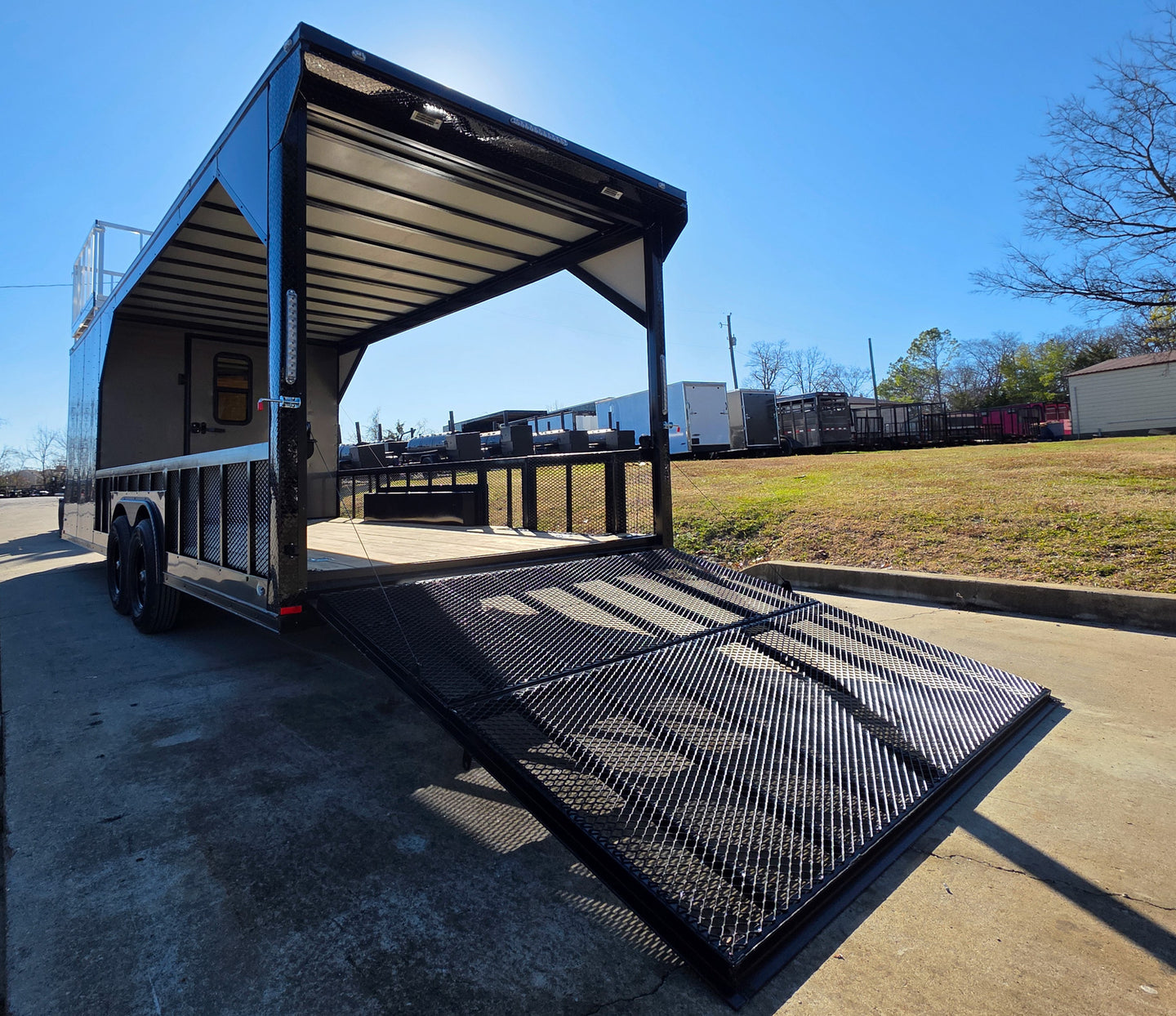 8.5' X 24' Charcoal Enclosed Trailer Hybrid Drone and Equipment Hauler Left Rear Gate Down