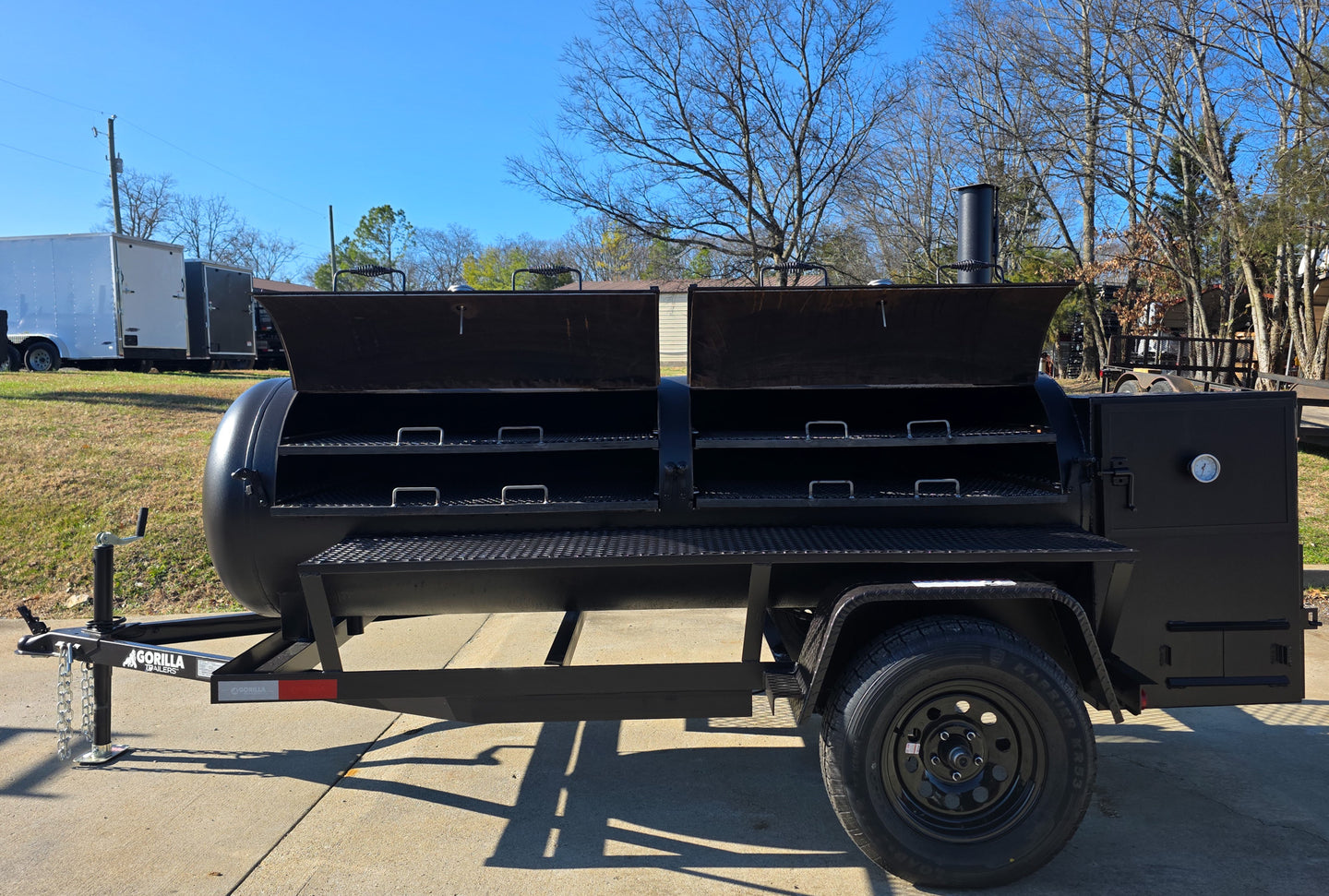 330 Gal Smoker Two Door with Counter Weights and Double Racks Left Side Doors Open