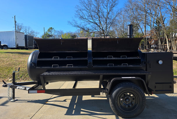 330 Gal Smoker Two Door with Counter Weights and Double Racks Left Side Doors Open