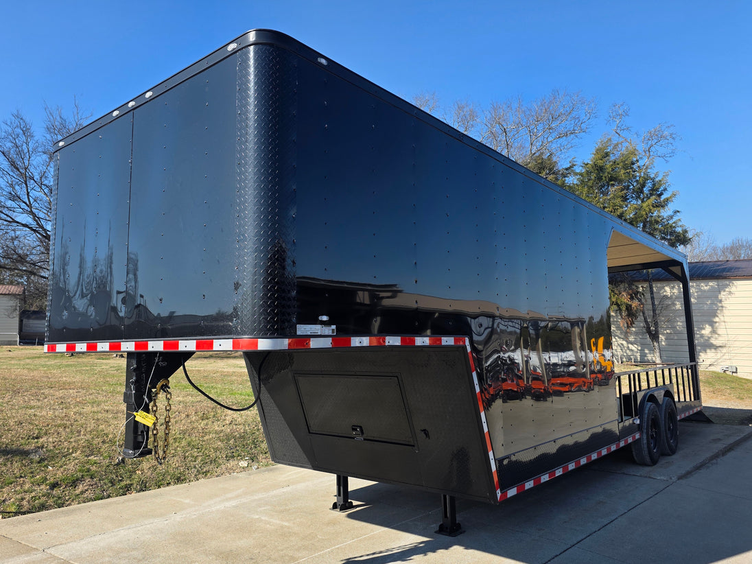 8.5' X 32' Gooseneck Hybrid Enclosed Trailer 16' Porch With fold out gate 14k GVWR - SLE Equipment - 1