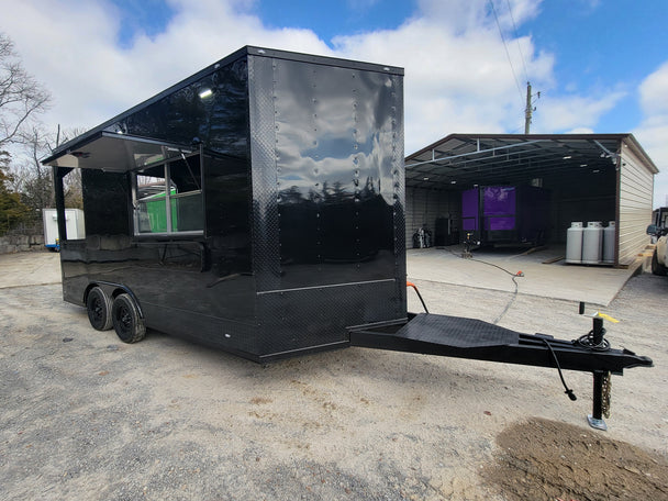 8.5' X 16' Concession Trailer Black W/ Blackout Food and Event Catering With 4' Porch - SLE Equipment - 1
