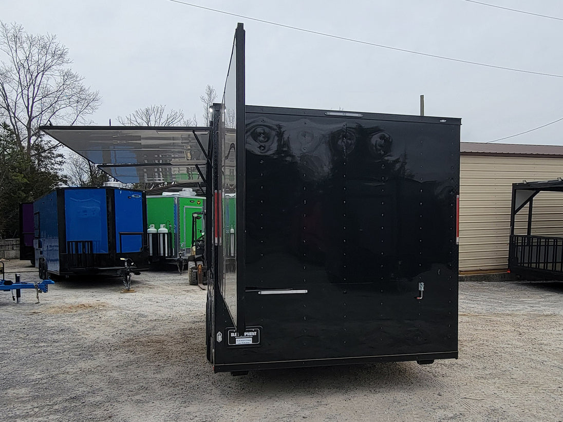 8.5' x 18' Custom Enclosed Black With Blackout Package Showcase Marketing and Event Trailer - SLE Equipment - 8