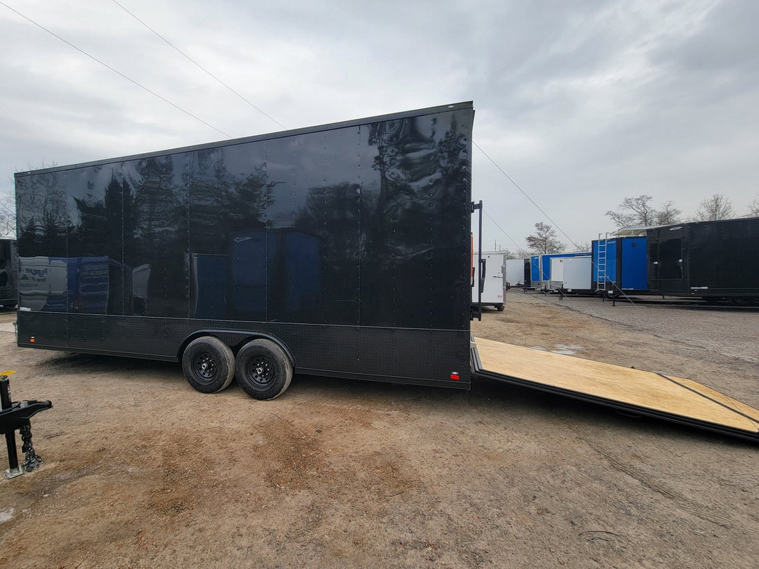Custom Enclosed 8.5 X 24 Stage Trailer Black With Black Out Trim and Awning - SLE Equipment - 8