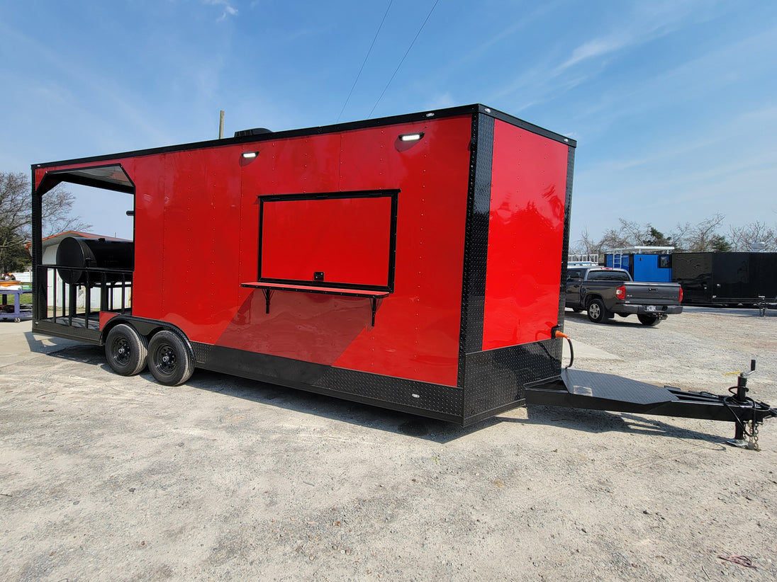 8.5' X 22' Custom BBQ Concession Trailer Victory Red With 8' Porch Black and Blackout Trim - SLE Equipment - 1