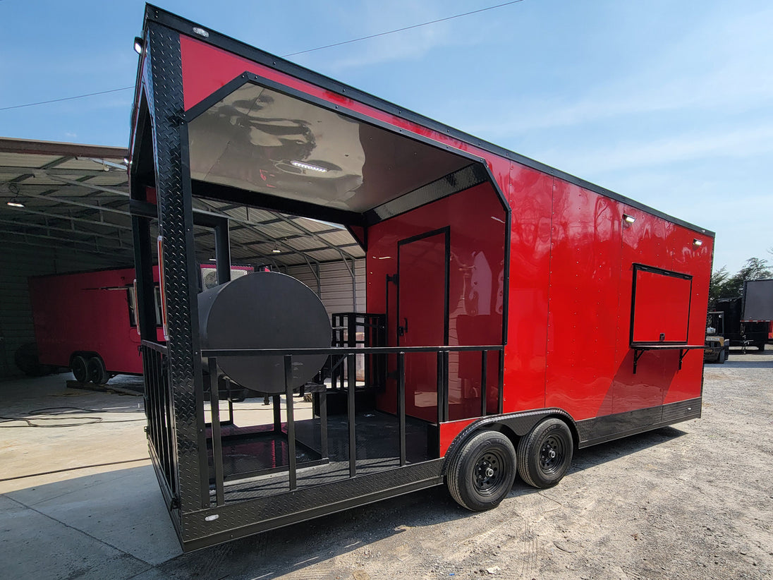 8.5' X 22' Custom BBQ Concession Trailer Victory Red With 8' Porch Black and Blackout Trim - SLE Equipment - 4