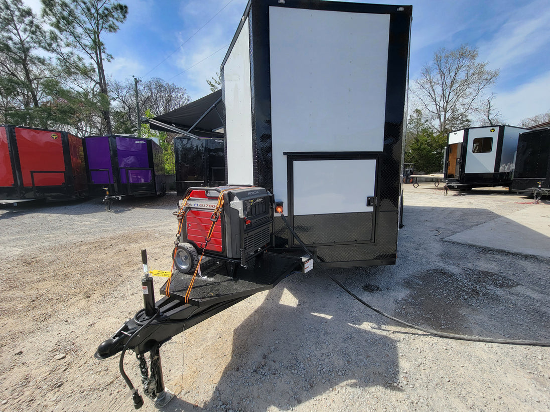 8.5' X 22' Concession Trailer With 8' Porch White With Blackout Trim BBQ Food Event Catering - SLE Equipment - 2