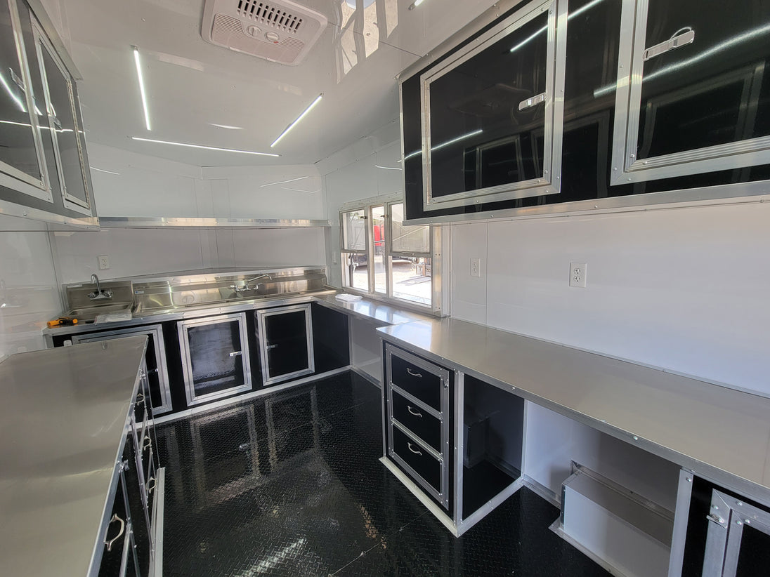 8.5' X 22' Concession Trailer With 8' Porch White With Blackout Trim BBQ Food Event Catering - SLE Equipment - 18