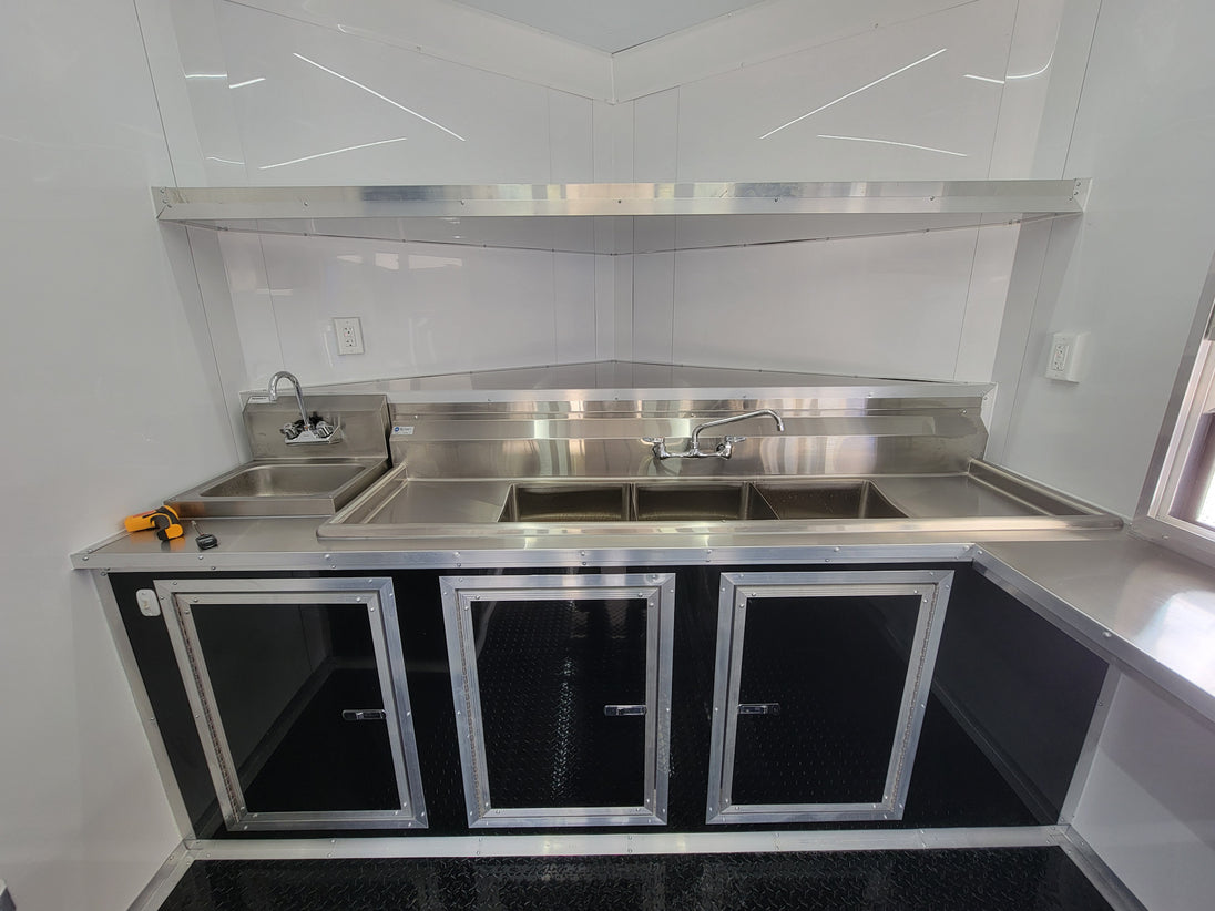 8.5' X 22' Concession Trailer With 8' Porch White With Blackout Trim BBQ Food Event Catering - SLE Equipment - 22