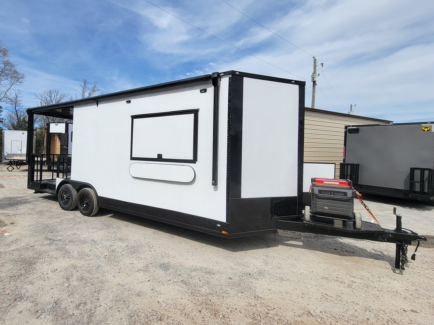 8.5' X 22' Concession Trailer With 8' Porch White With Blackout Trim BBQ Food Event Catering - SLE Equipment - 24