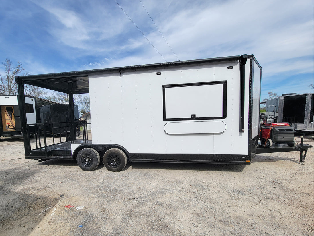 8.5' X 22' Concession Trailer With 8' Porch White With Blackout Trim BBQ Food Event Catering - SLE Equipment - 25
