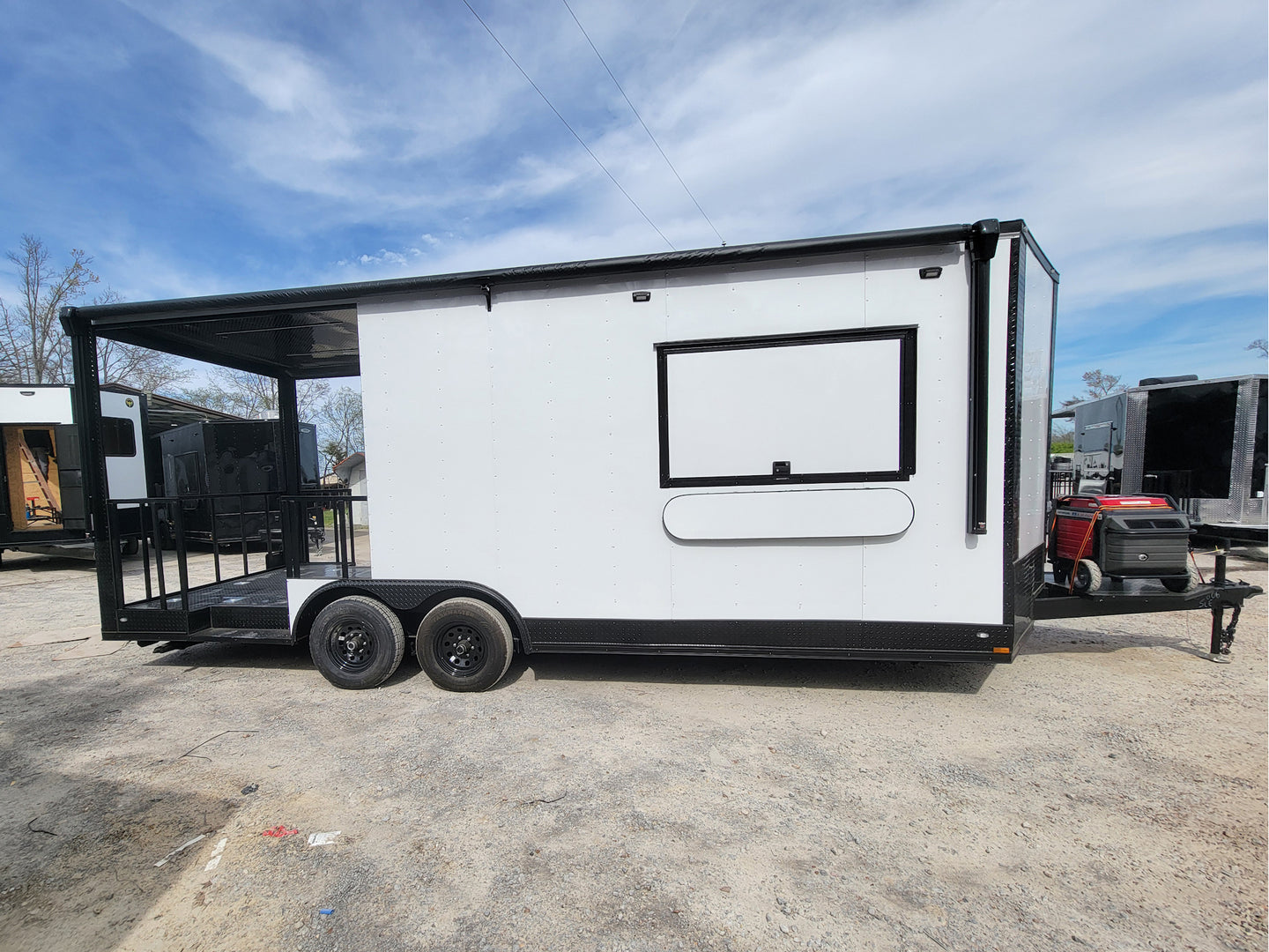 8.5' X 22' Concession Trailer With 8' Porch White With Blackout Trim BBQ Food Event Catering - SLE Equipment - 25