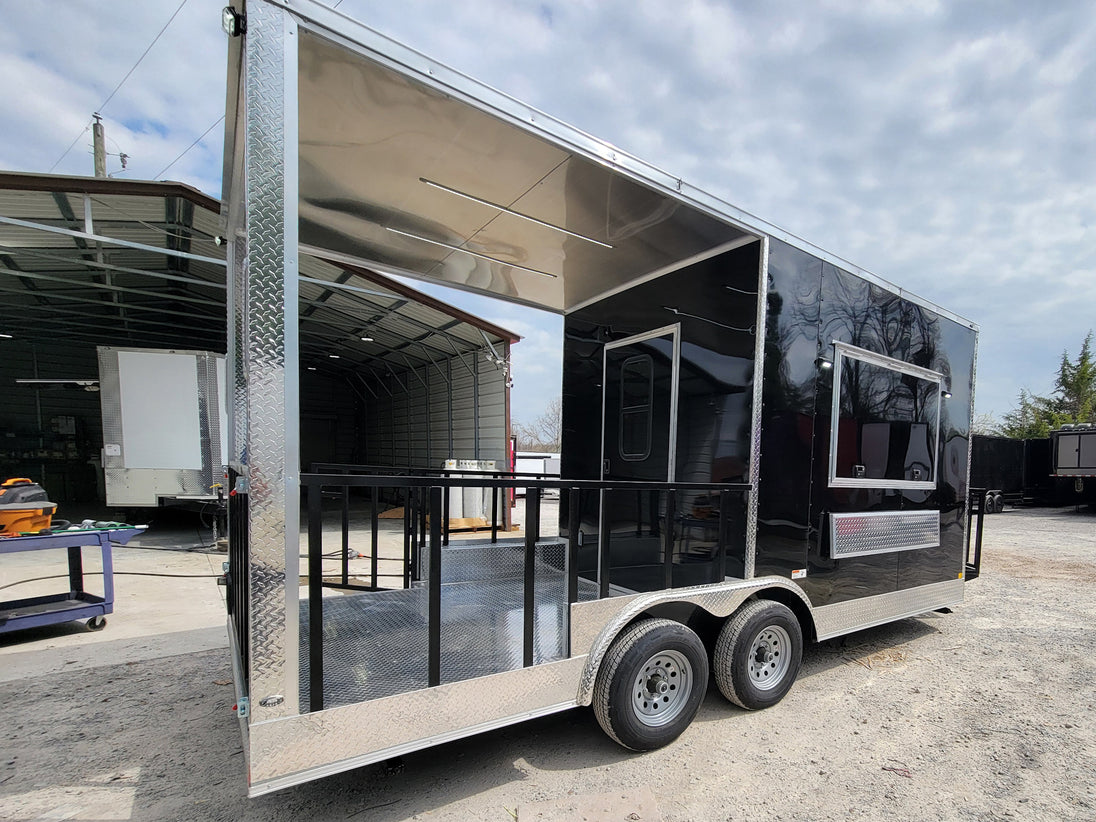 8.5' X 18' Black Concession Trailer With 8ft BBQ Porch Food Event Catering - SLE Equipment - 5