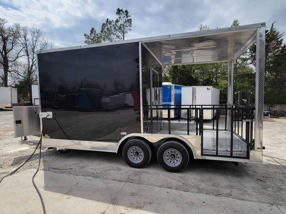 8.5' X 18' Black Concession Trailer With 8ft BBQ Porch Food Event Catering - SLE Equipment - 8