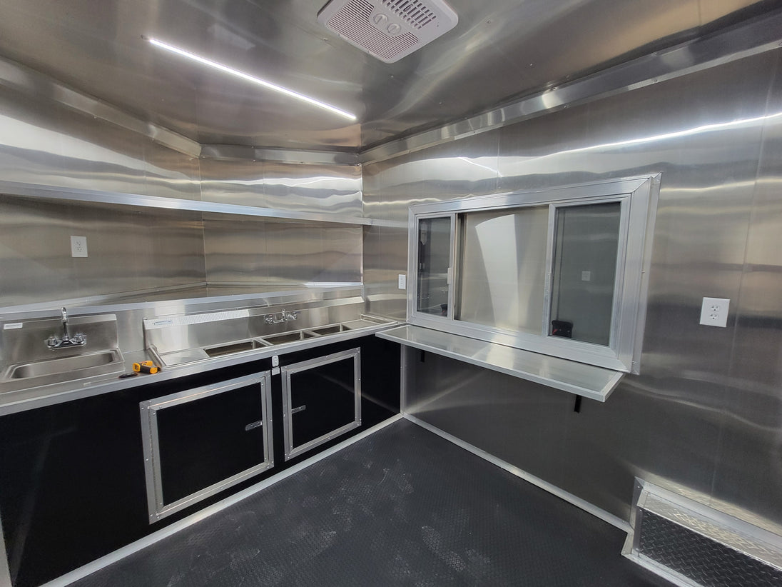 8.5' X 18' Black Concession Trailer With 8ft BBQ Porch Food Event Catering - SLE Equipment - 13