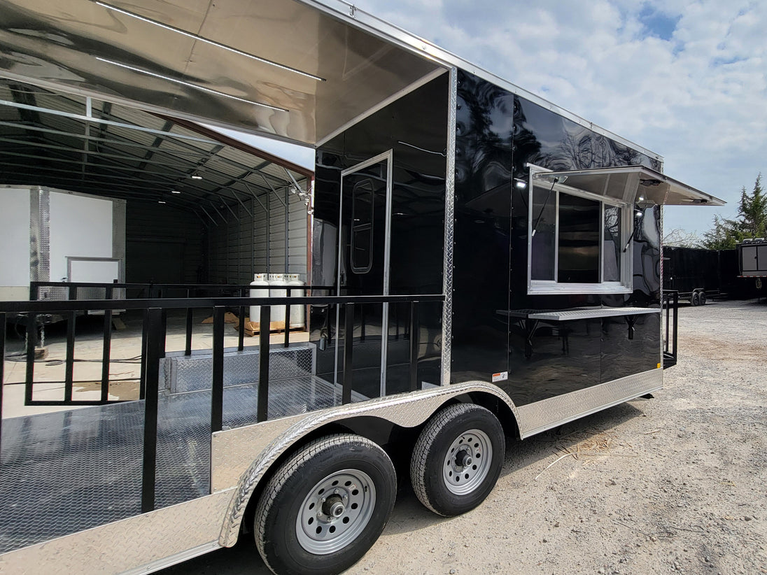 8.5' X 18' Black Concession Trailer With 8ft BBQ Porch Food Event Catering - SLE Equipment - 23