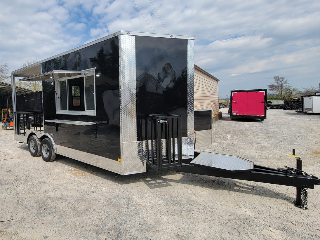 8.5' X 18' Black Concession Trailer With 8ft BBQ Porch Food Event Catering - SLE Equipment - 1