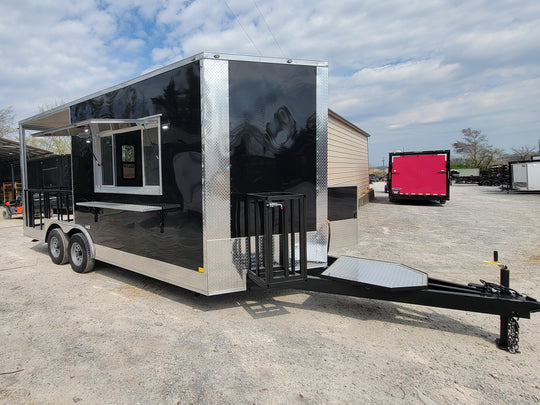 8.5' X 18' Black Concession Trailer With 8ft BBQ Porch Food Event Catering - SLE Equipment - 1
