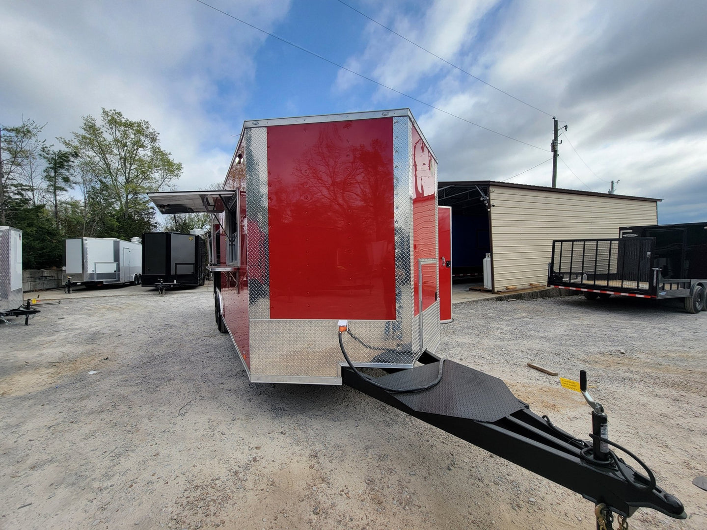 8.5' X 24' Concession Trailer Victory Red BBQ Event Catering With 12' Railed Porch - SLE Equipment - 1