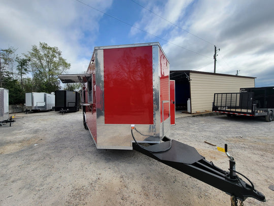 8.5' X 24' Concession Trailer Victory Red BBQ Event Catering With 12' Railed Porch - SLE Equipment - 1