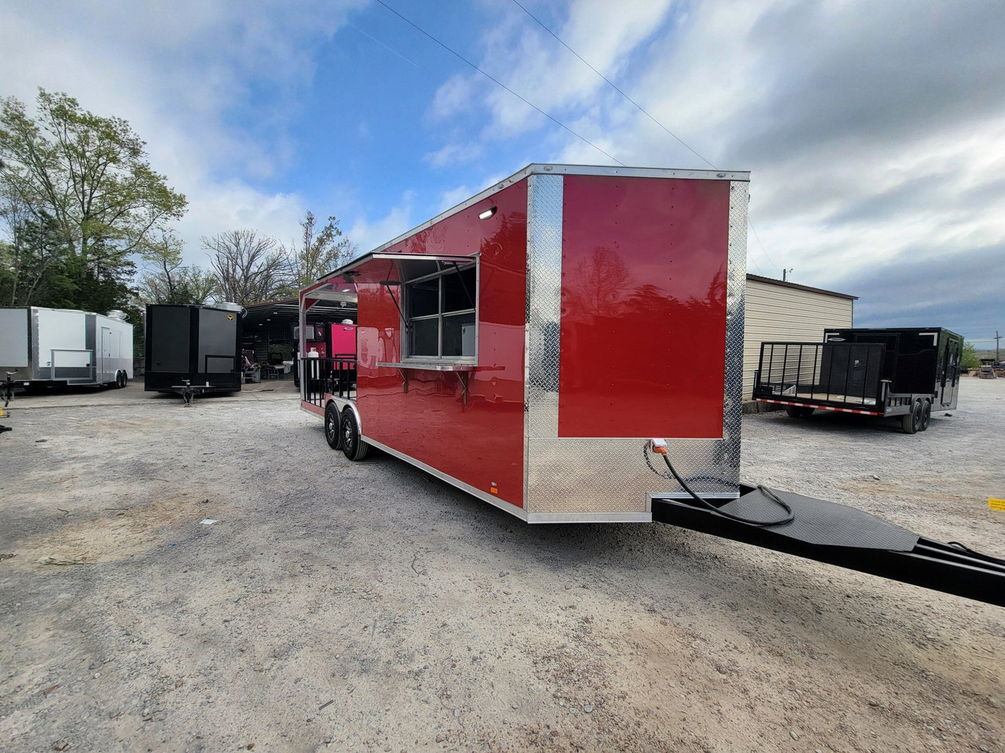 8.5' X 24' Concession Trailer Victory Red BBQ Event Catering With 12' Railed Porch - SLE Equipment - 2