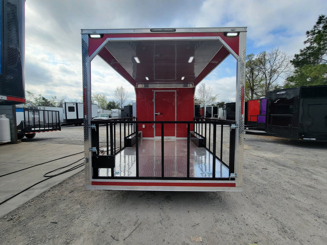 8.5' X 24' Concession Trailer Victory Red BBQ Event Catering With 12' Railed Porch - SLE Equipment - 6