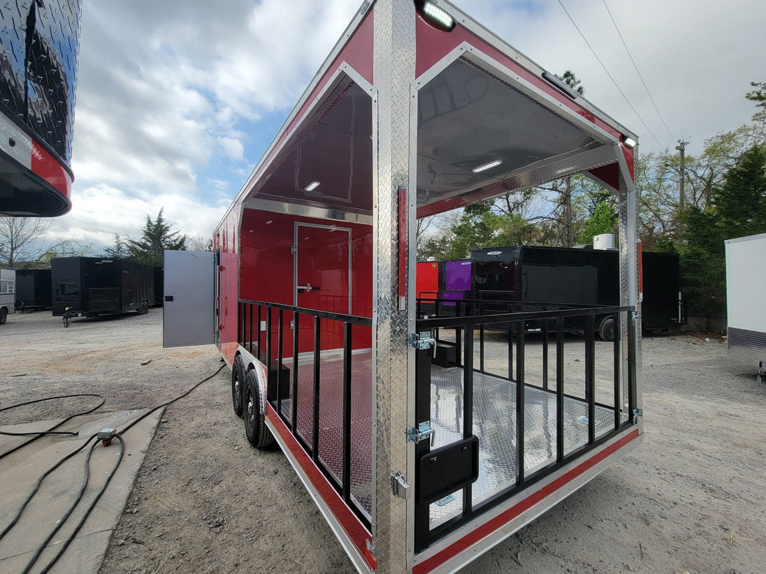 8.5' X 24' Concession Trailer Victory Red BBQ Event Catering With 12' Railed Porch - SLE Equipment - 7