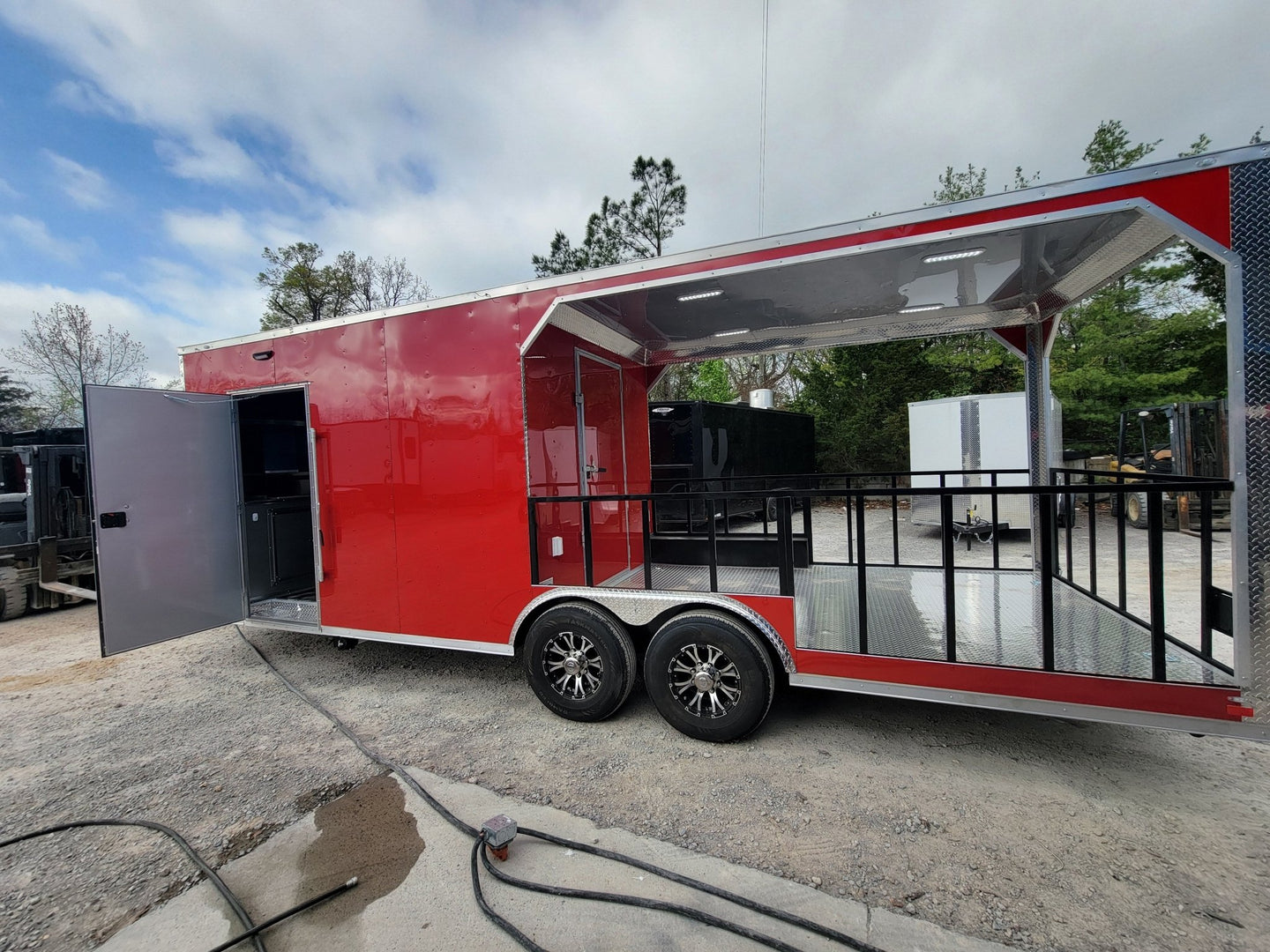 8.5' X 24' Concession Trailer Victory Red BBQ Event Catering With 12' Railed Porch - SLE Equipment - 8