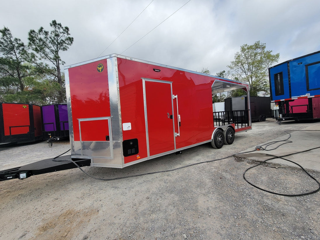 8.5' X 24' Concession Trailer Victory Red BBQ Event Catering With 12' Railed Porch - SLE Equipment - 9
