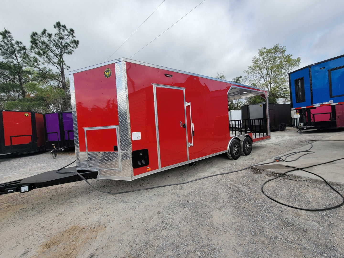 8.5' X 24' Concession Trailer Victory Red BBQ Event Catering With 12' Railed Porch - SLE Equipment - 9