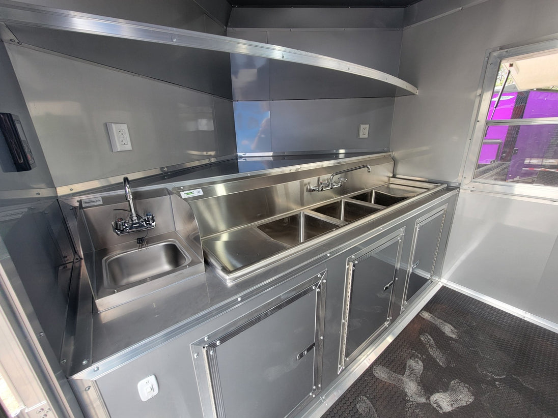 8.5' X 24' Concession Trailer Victory Red BBQ Event Catering With 12' Railed Porch - SLE Equipment - 11