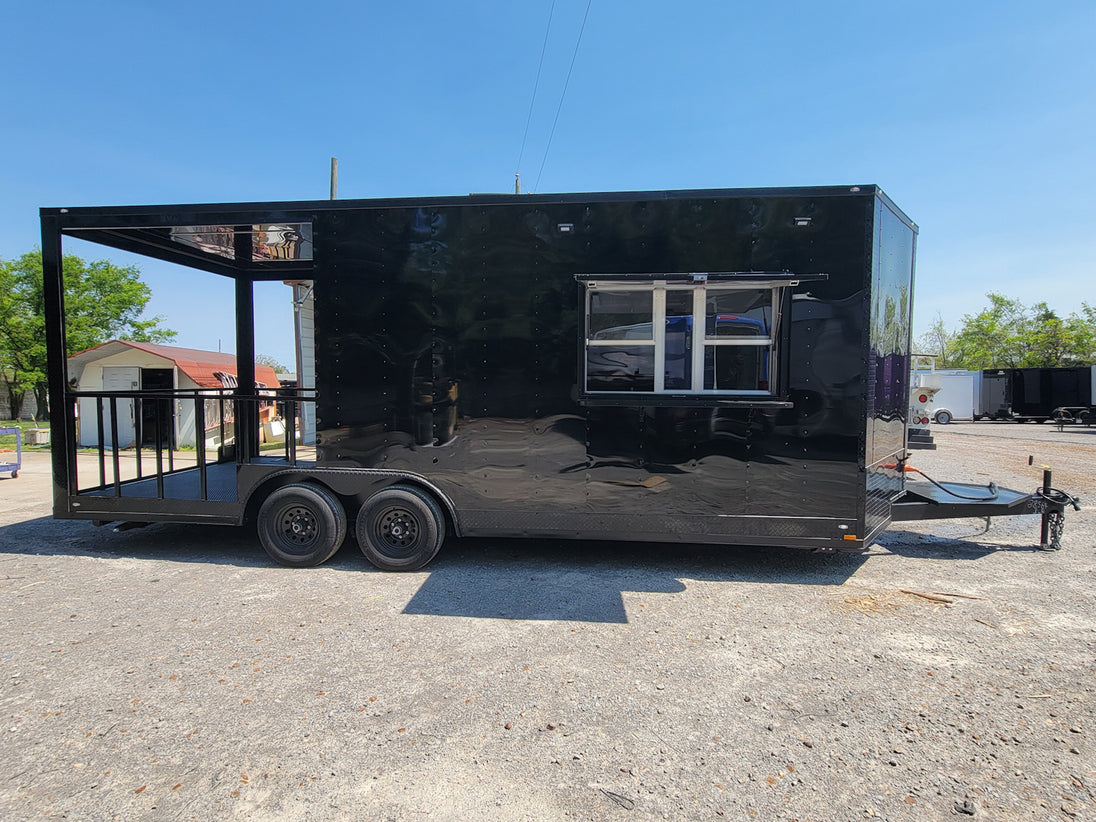 8.5' X 22' Concession Trailer Black With Blackout Trim 8ft BBQ Porch - SLE Equipment - 1