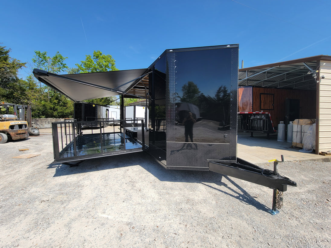 8.5' X 24' Custom Enclosed Stage Trailer Black With Black Out Trim and Awning - SLE Equipment - 9