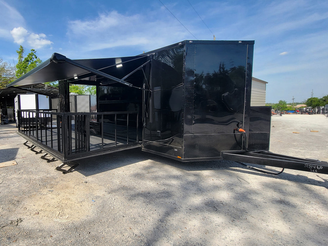 8.5' X 24' Black With Blackout Stage Trailer With Awning Semi Screwless Exterior - SLE Equipment - 1