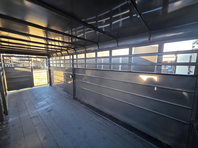 20ft Charcoal Gooseneck Livestock Cattle Trailer (2) 7K Axles 14K GVWR back left side angled picture 