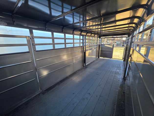 20ft Charcoal Gooseneck Livestock Cattle Trailer (2) 7K Axles 14K GVWR back right angled view picture 