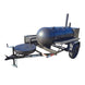 A black pull behind BBQ smoker with a round shape and a smaller round shape attached to it, mounted on a trailer with a Dexter axle.