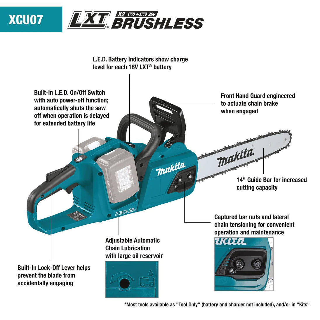 Makita XCU07PT 36V (18V X2) LXT Brushless 14" Top Handle Chainsaw Kit (5.0Ah) - Includes 2 Batteries and Dual - Port Rapid Charger - SLE Equipment - 5