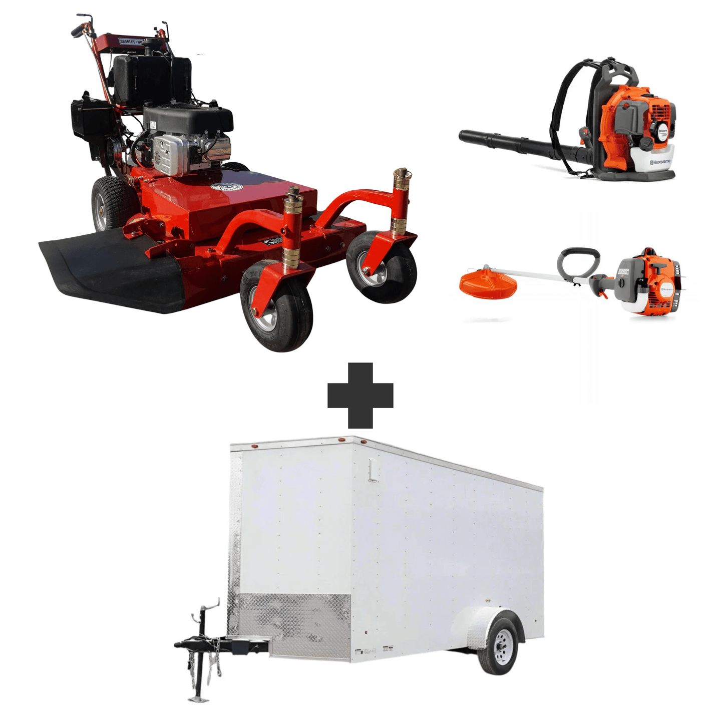 Bundle includes Bradley 32 in walk-behind mower, Husqvarna 150BT blower, Husqvarna 122L trimmer, and a 6x12 V-nose enclosed trailer with ramp and 3500 lb axle.