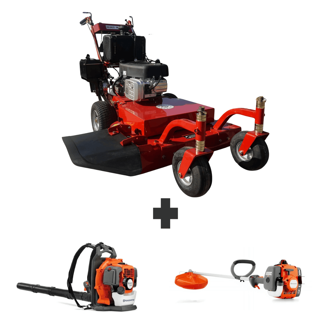 Bundle includes Husqvarna Z254FX zero turn mower, 150BT backpack blower, 122L string trimmer, and Bradley 32 in walk-behind mower with 17.5 HP engine.
