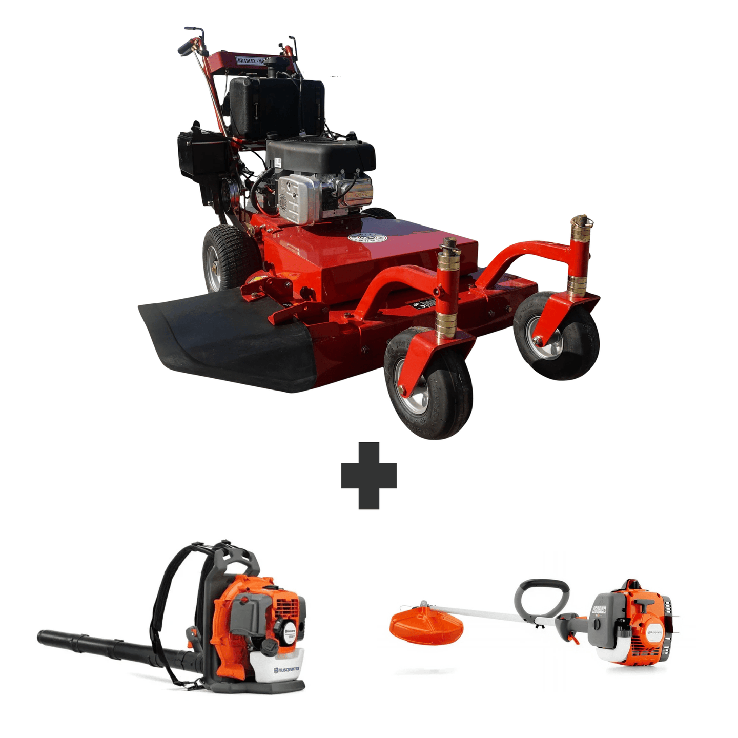 Bundle includes Husqvarna Z254FX zero turn mower, 150BT backpack blower, 122L string trimmer, and Bradley 32 in walk-behind mower with 17.5 HP engine.