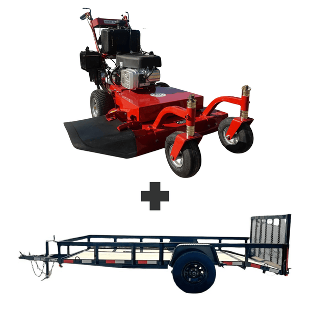Bundle includes Bradley 32 in walk-behind mower, Husqvarna 150BT blower, Husqvarna 122L trimmer, and a 5x10 utility trailer with 3500 lb axle and loading gate.
