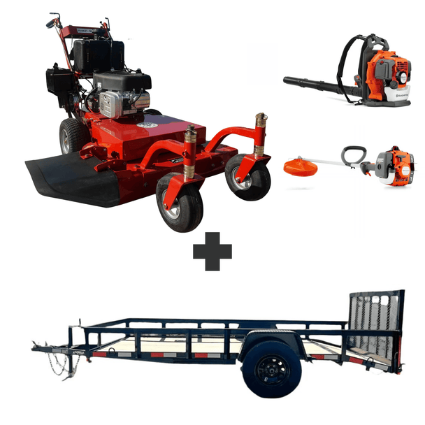Bundle includes Bradley 32 in walk behind mower, Husqvarna 150BT blower, Husqvarna 122L trimmer, and 5x10 utility trailer with 3500 lb axle and loading gate.