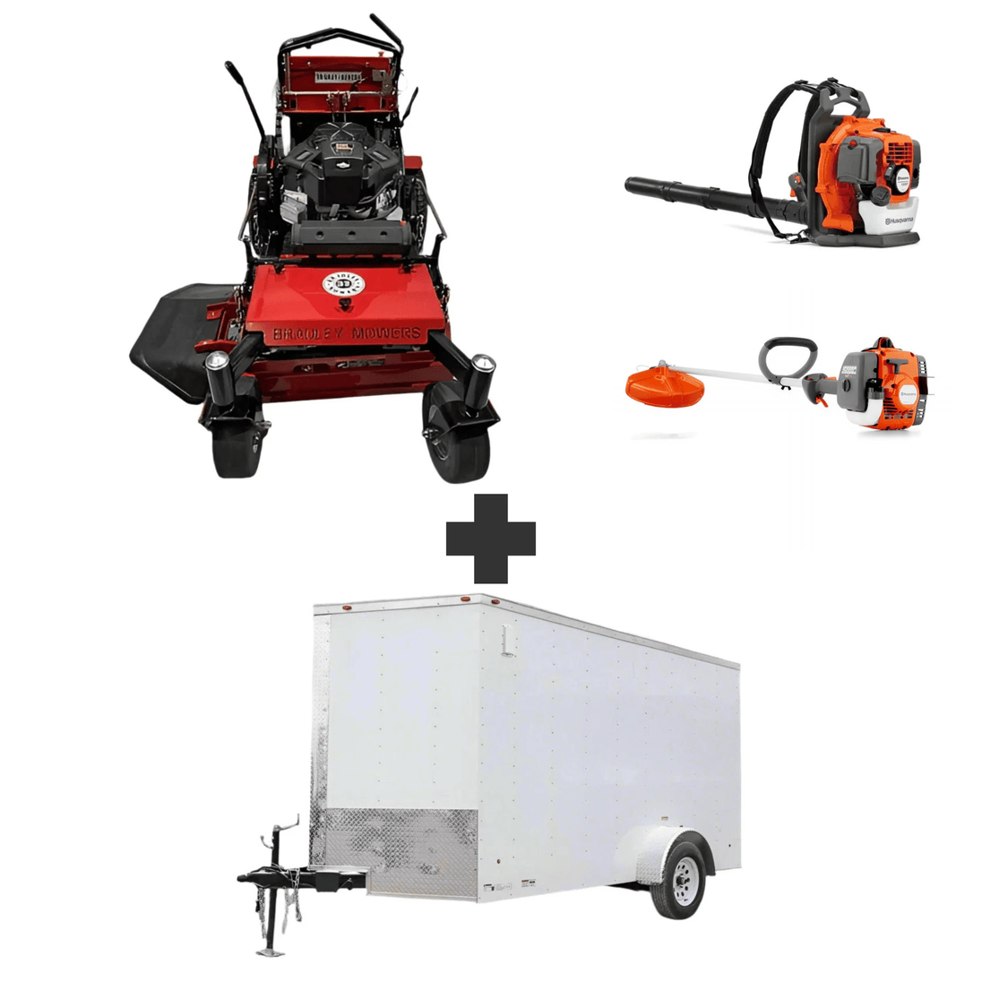 Bradley 32" stand-on mower bundle with Husqvarna 150BT blower, 122L trimmer, and 6x12 V-nose enclosed trailer with 3,500 lb axle.