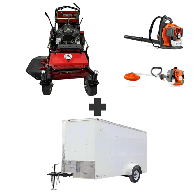 Bradley 32" stand-on mower bundle with Husqvarna 150BT blower, 122L trimmer, and 6x12 V-nose enclosed trailer with 3,500 lb axle.