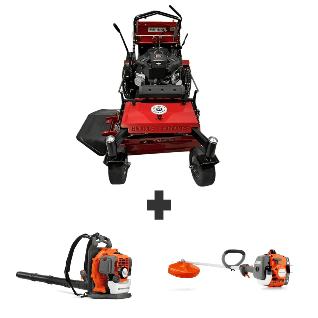 Bradley 32" stand-on mower bundle with Husqvarna 150BT backpack blower and 122L 22cc straight shaft string trimmer.