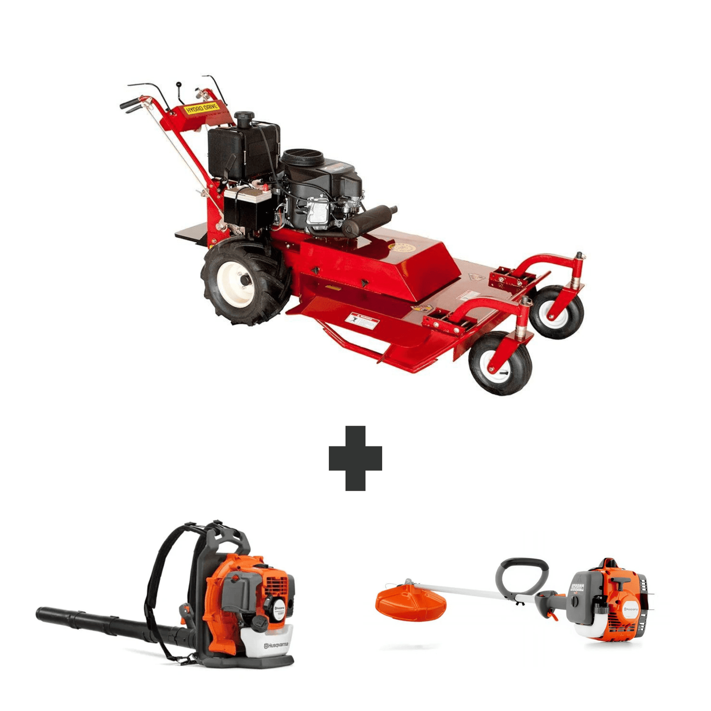 Bradley 36" walk-behind mower bundle with Husqvarna 150BT 50cc backpack blower and 122L 22cc straight shaft string trimmer.