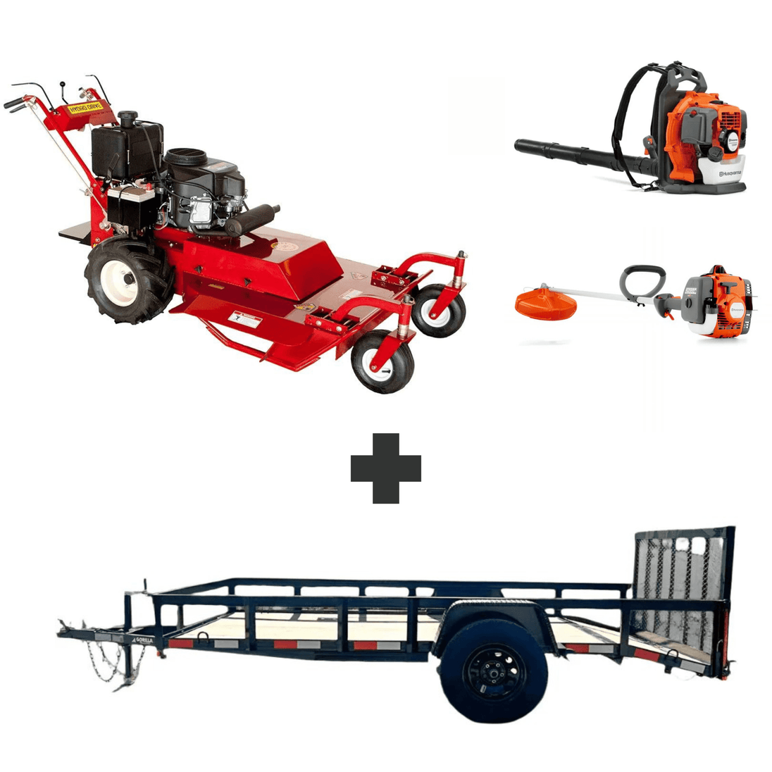 Bradley 36" walk-behind brush mower bundle with Husqvarna 150BT blower, 122L trimmer, and 5x10 utility trailer with dovetail gate and 3,500 lb axle.